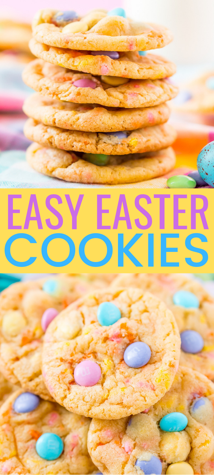 These Easter Cake Mix Cookies are loaded with pastel sprinkles and M&M's, folded into a delicious cookie dough made with cake mix! via @sugarandsoulco