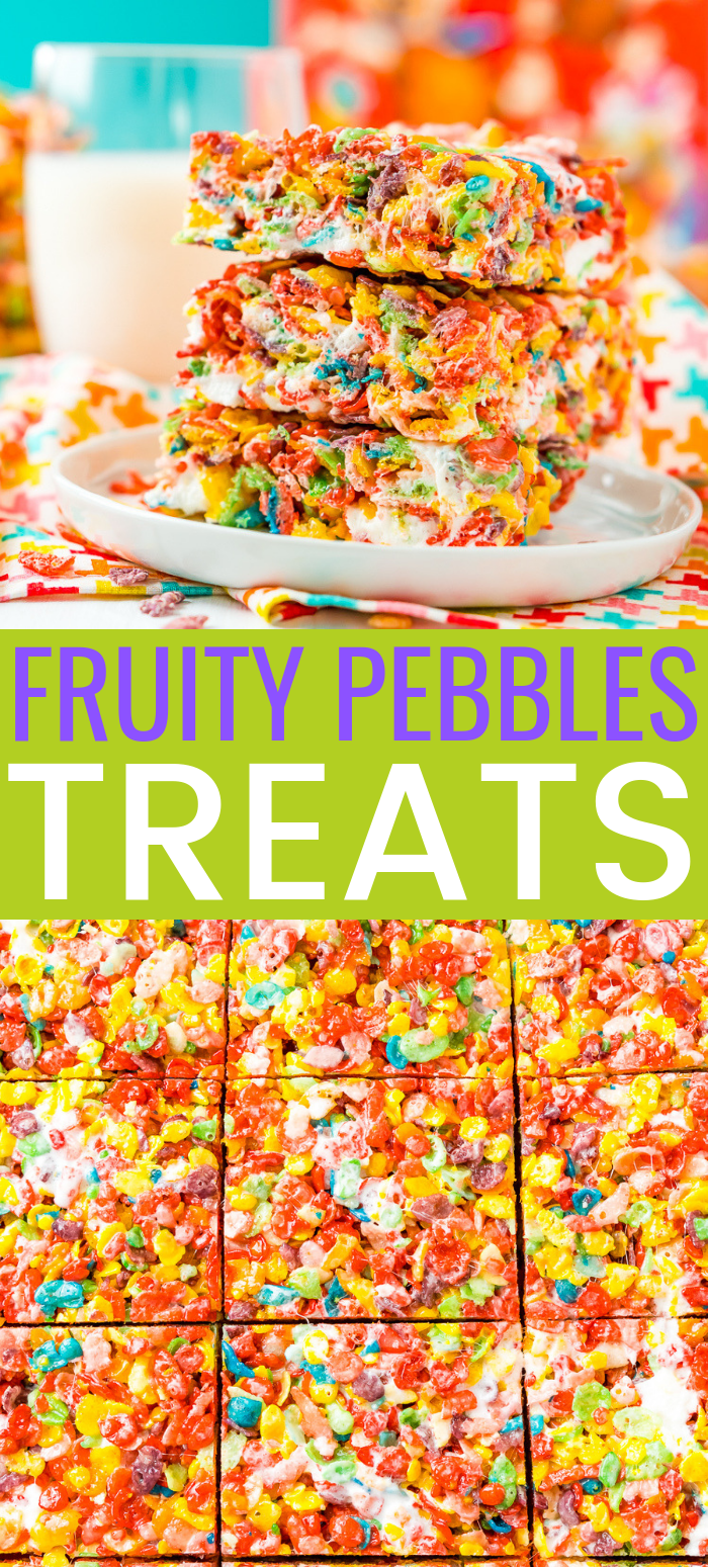 These Fruity Pebbles Treats are a fun and fruity twist on the classic no-bake dessert made with Rice Krispies cereal. They are made with the perfect blend of cereal, butter, and marshmallows and take just 7 minutes to prepare! via @sugarandsoulco