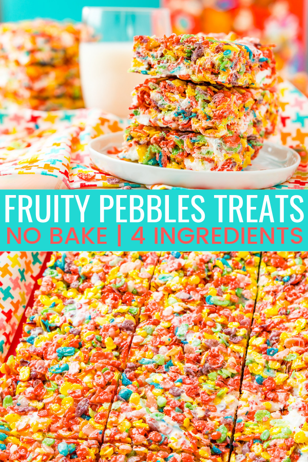 These Fruity Pebbles Treats are a fun and fruity twist on the classic no-bake dessert made with Rice Krispies cereal. They are made with the perfect blend of cereal, butter, and marshmallows and take just 7 minutes to prepare! via @sugarandsoulco