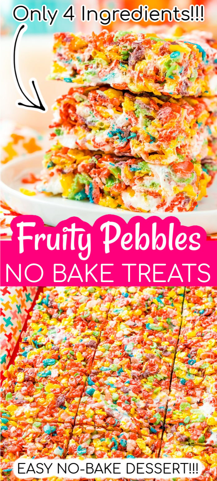 These Fruity Pebbles Treats are a fun and fruity twist on the classic no-bake dessert made with Rice Krispies cereal. They are made with the perfect blend of cereal, butter, and marshmallows and take just 7 minutes to prepare! via @sugarandsoulco