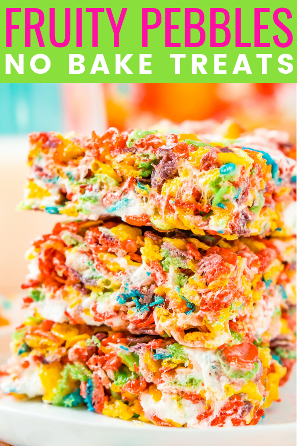 These Fruity Pebbles Treats are a fun and fruity twist on the classic no-bake dessert made with Rice Krispies cereal. They are made with the perfect blend of cereal, butter, and marshmallows and take just 7 minutes to prepare! via @sugarandsoulco