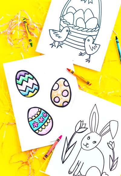 These Easter Coloring Pages are a free printable activity for kids to do and celebrate the spring holiday! Three different Easter coloring sheets with Easter egg, bunny, and chick designs!