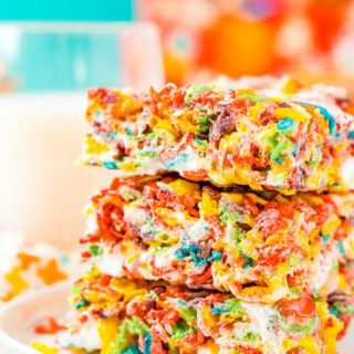 These Fruity Pebbles Treats area fun and fruity twist on the classic no-bake dessert made with Rice Krispies cereal. They take just 7 minutes to prepare!