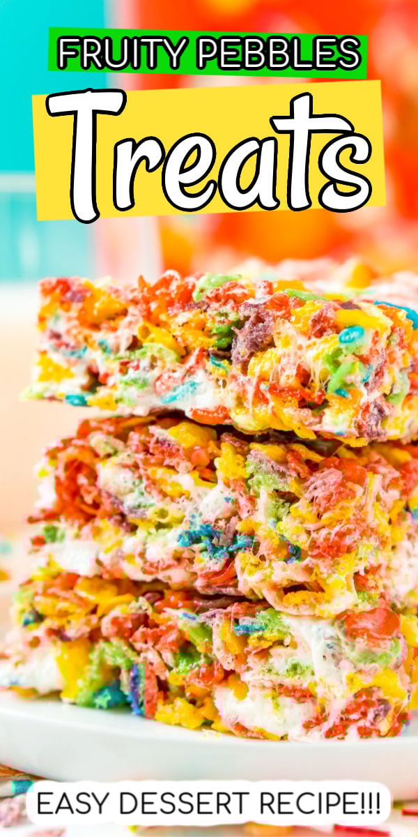 These Fruity Pebbles Treats are a fun and fruity twist on the classic no-bake dessert made with Rice Krispies cereal. They are made with the perfect blend of cereal, butter, and marshmallows and take just 7 minutes to prepare! via @sugarandsoulco