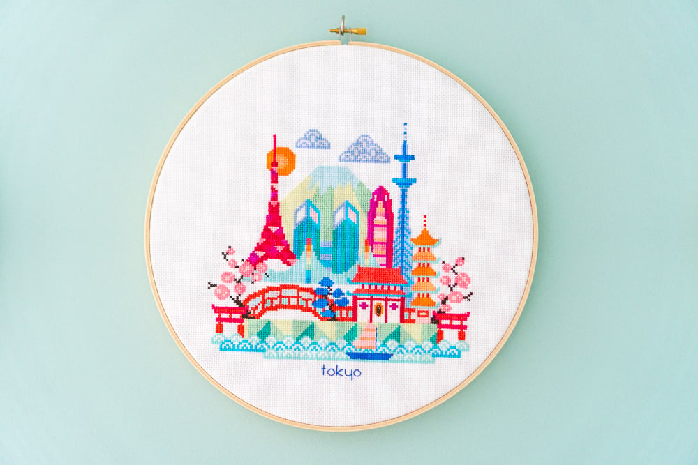 Tokyo cross-stitch hoop art