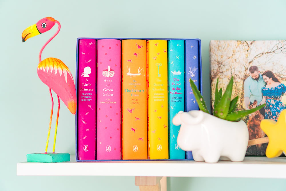 Rainbow books and plant holder on shelf in baby nursery