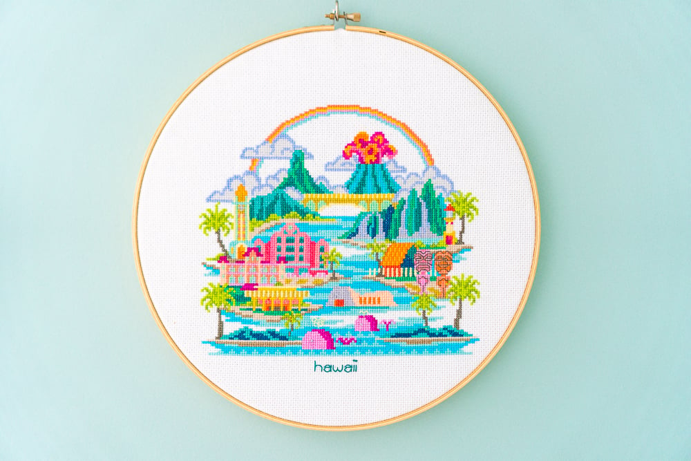 Hawaii cross-stitch hoop art