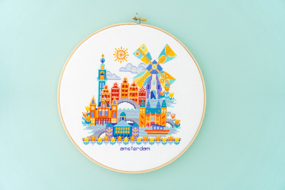 Amsterdam cross-stitch hoop art