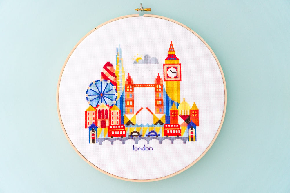 London cross-stitch hoop art