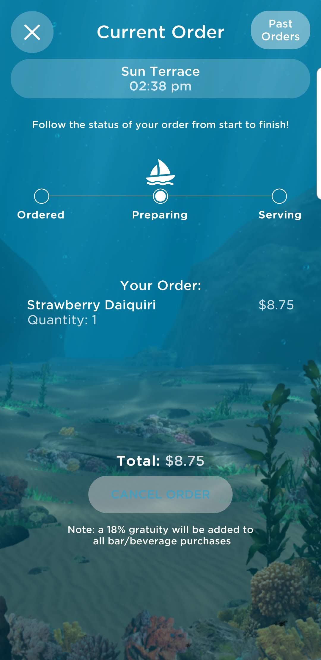 Screenshot of the Princess Cruises OceanNow app ordering a strawberry daiquiri.