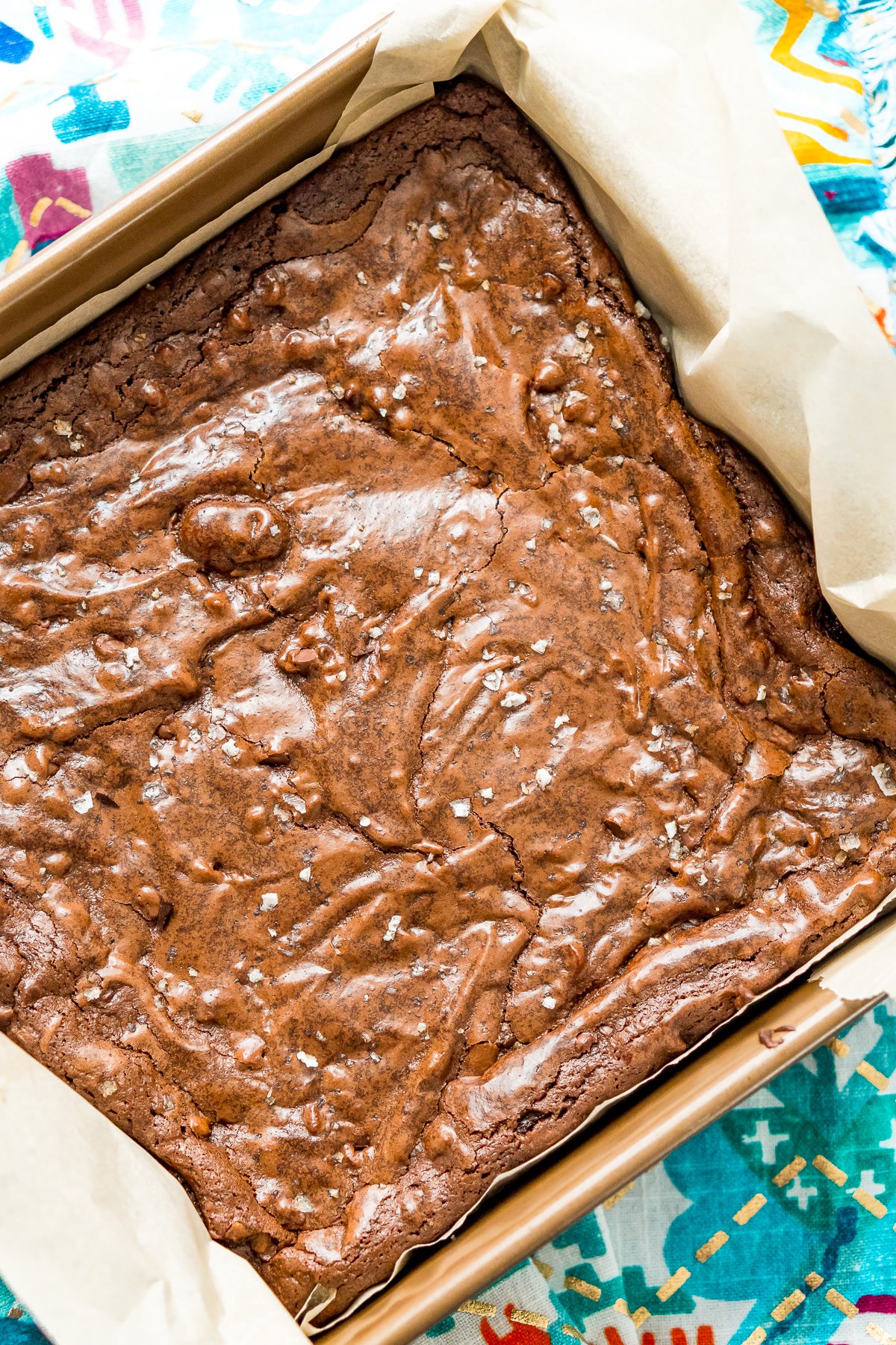 Overhead photo of a pan of uncut brownies.