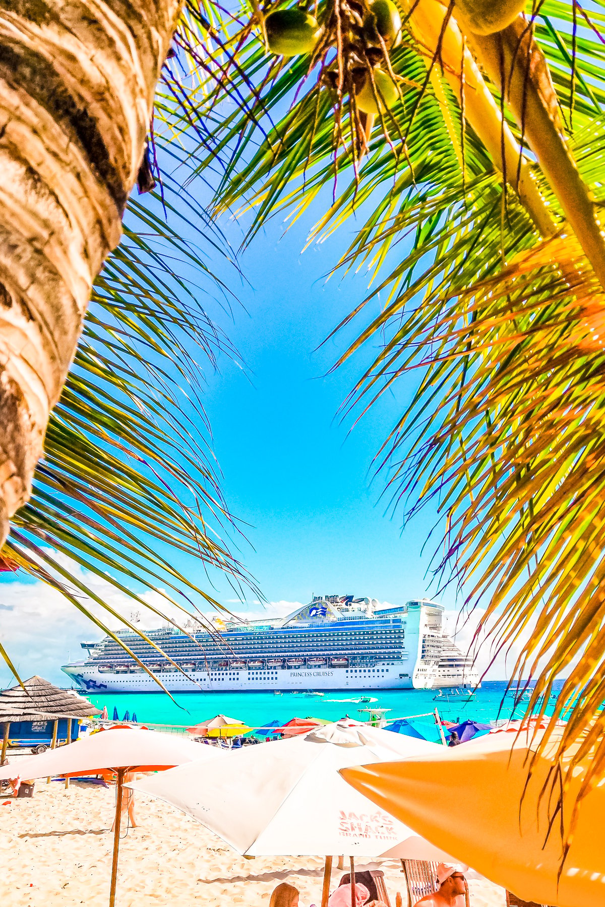 Photo of a Princess Cruise Ship in port. Palm trees bordering the photo in the foreground. Beach umbrellas.