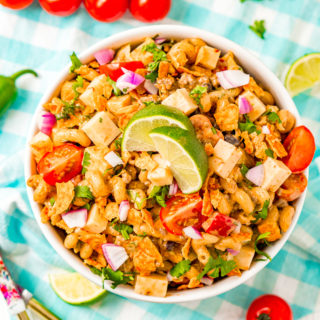 Overhead photo of a bowl of taco pasta salad.