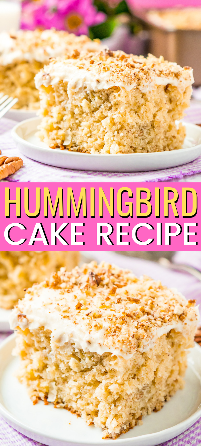 Hummingbird Cake is a classic recipe made with mashed bananas, crushed pineapple, and shredded coconut, and it’s topped with a sweet caramel cream cheese frosting and pecan pieces! via @sugarandsoulco