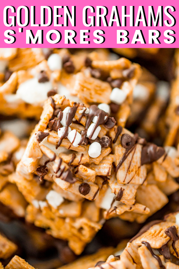 Golden Grahams S'mores Bars combines a favorite breakfast cereal with marshmallow and chocolate for an easy no-bake treat recipe! These Golden Graham Bars come together with just 10 minutes of prep and after an hour or so to set you can slice them and dip them in chocolate for an extra delicious finish! via @sugarandsoulco