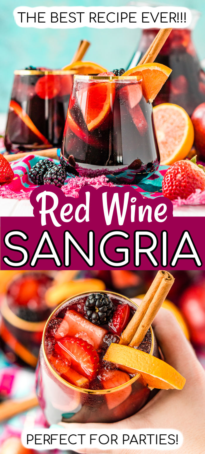 Red Wine Sangria is a delicious batch cocktail that isn't overly sweet and is made with a mix of red wine, brandy, lemon-lime soda, and loaded with oranges, apples, strawberries, and blackberries, plus a touch of cinnamon! via @sugarandsoulco