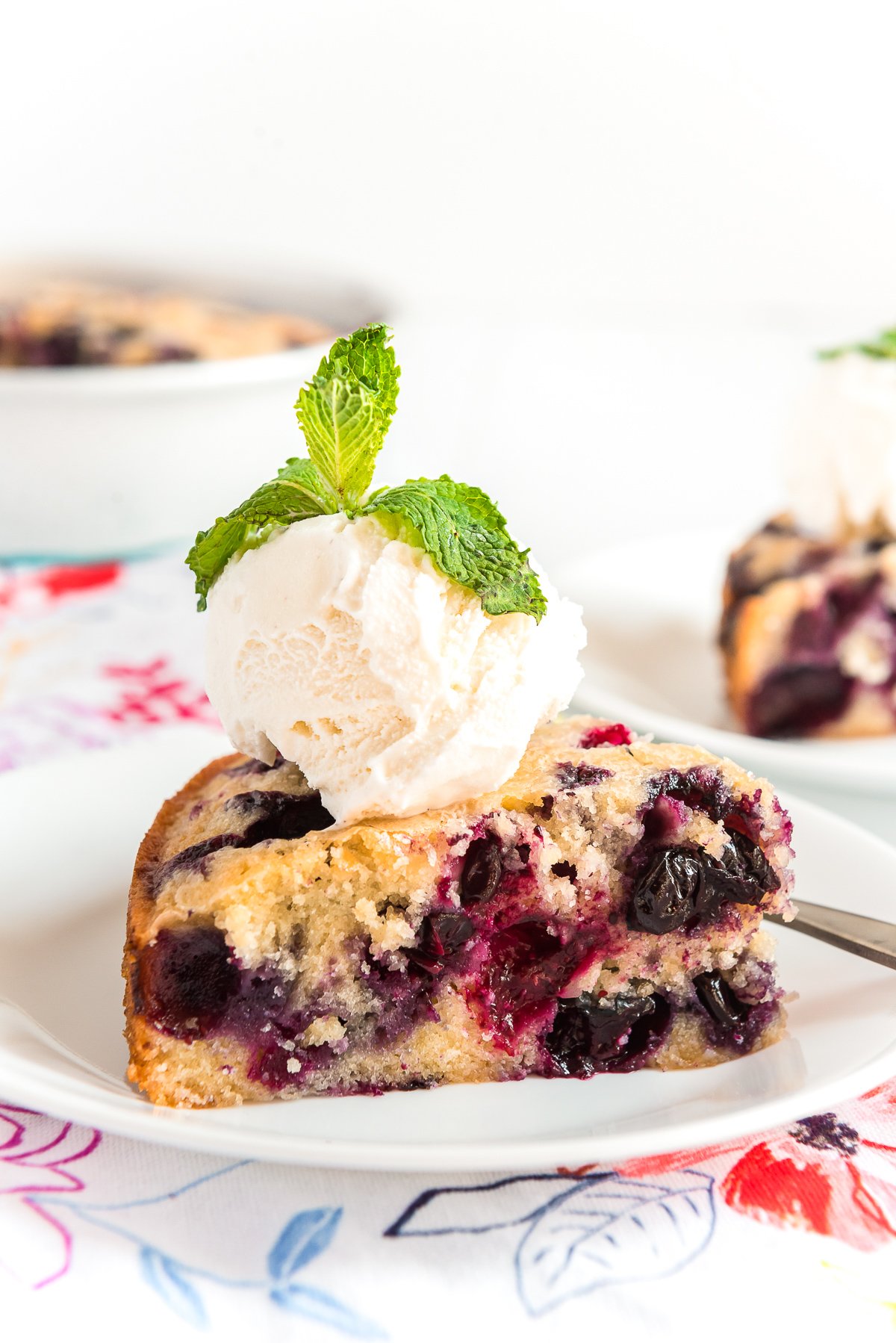 Slice of blueberry cake on a white plate with a scoop of vanilla ice cream on top.