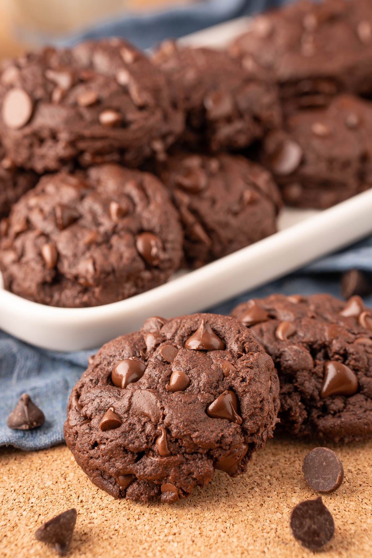 Double chocolate pudding cookies on a table.