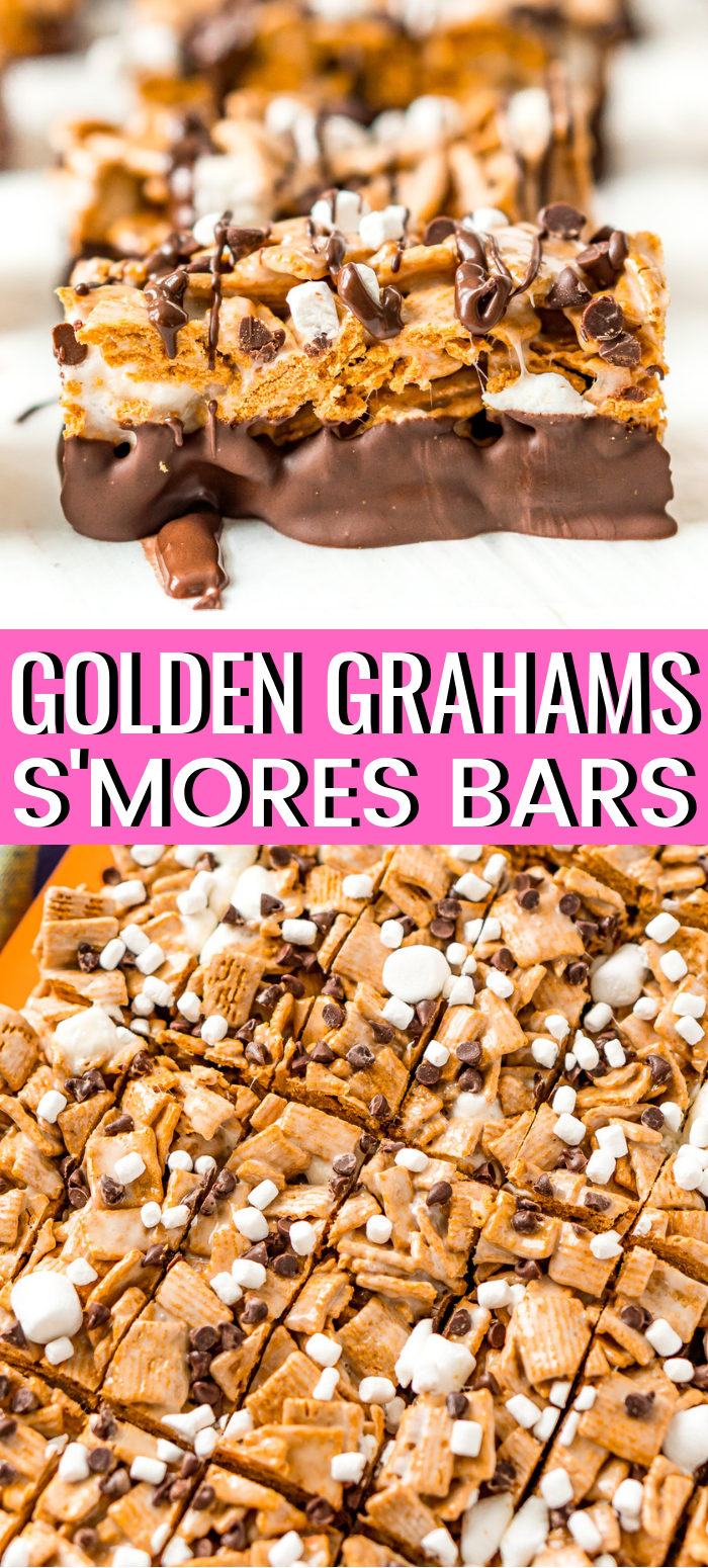 Golden Grahams S'mores Bars combines a favorite breakfast cereal with marshmallow and chocolate for an easy no-bake treat recipe! These Golden Graham Bars come together with just 10 minutes of prep and after an hour or so to set you can slice them and dip them in chocolate for an extra delicious finish! via @sugarandsoulco