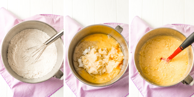 Mixing up hummingbird cake batter in a stainless steel bowl. Three process photos side by side.