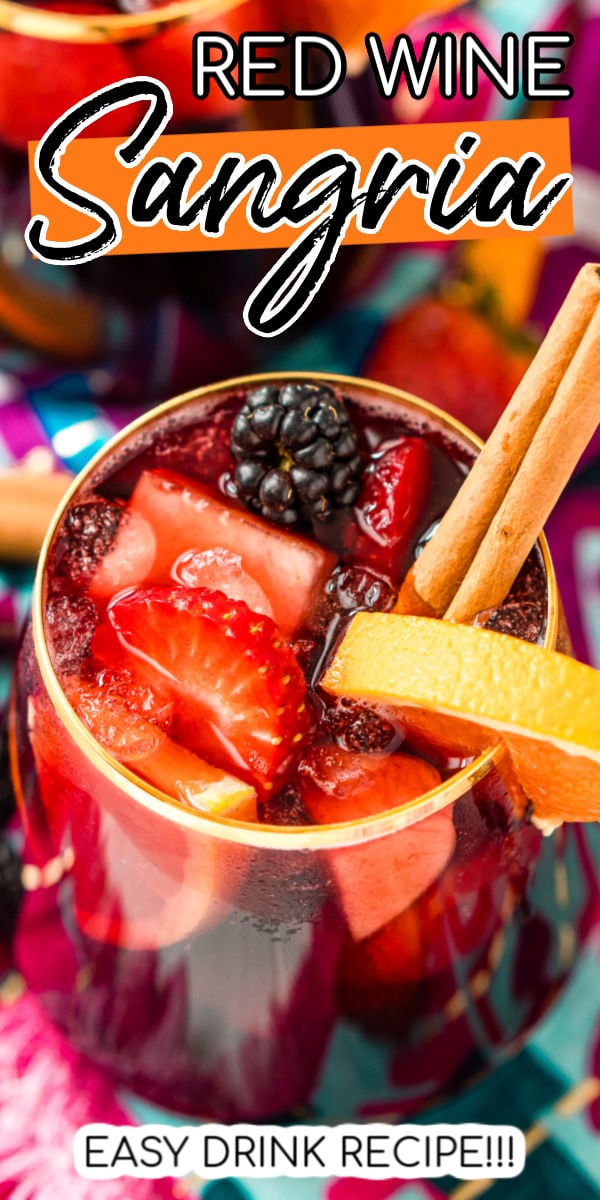 Red Wine Sangria is a delicious batch cocktail that isn't overly sweet and is made with a mix of red wine, brandy, lemon-lime soda, and loaded with oranges, apples, strawberries, and blackberries, plus a touch of cinnamon! via @sugarandsoulco