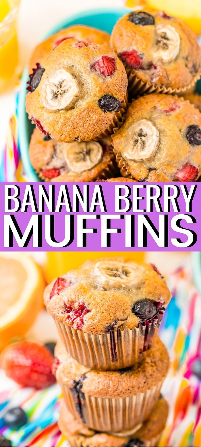 Banana Berry Muffins are loaded with strawberries, blueberries, blackberries, raspberries, and ripe bananas then topped with a sugary crumble. Try making a batch or two with some fresh fruit this season!  via @sugarandsoulco