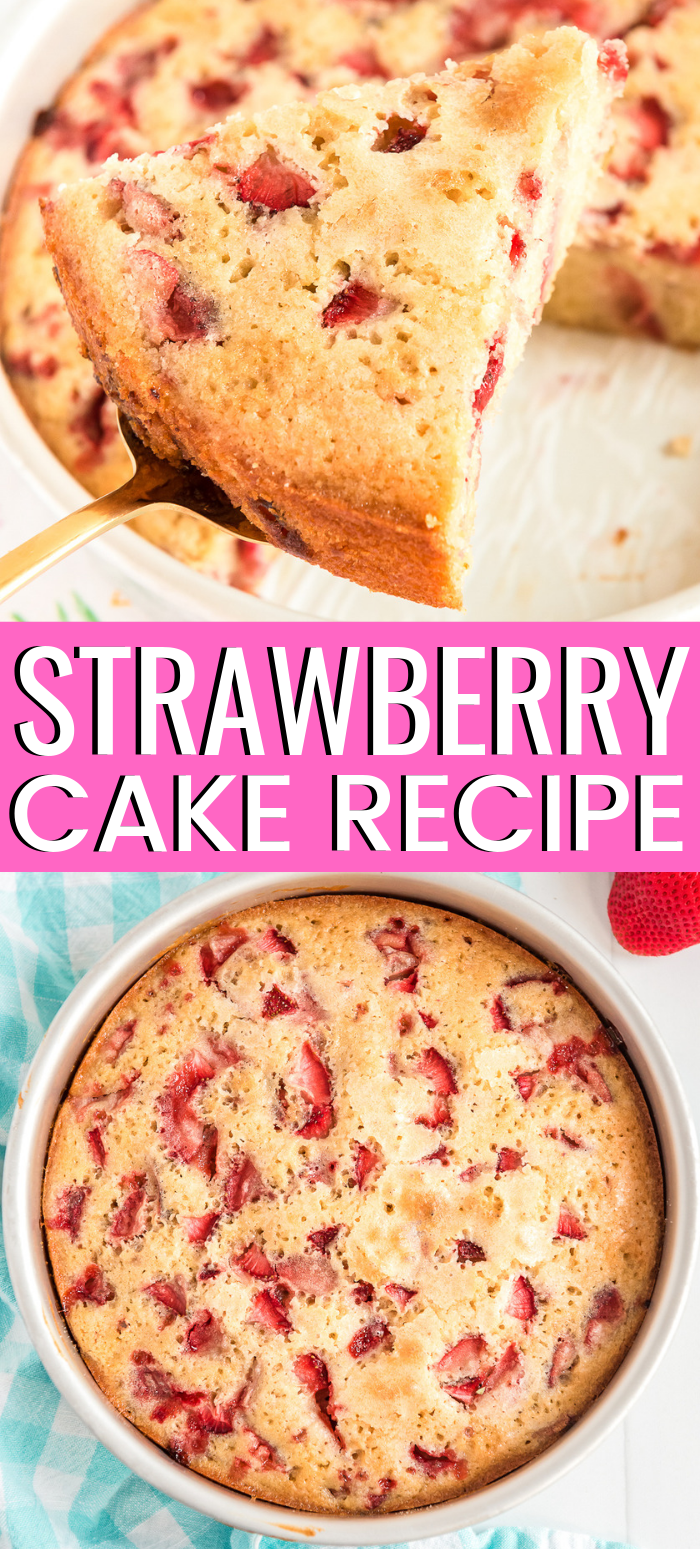 Homemade Strawberry Cake is a simple recipe is filled with fresh juicy strawberries and can be served plain or with various toppings like whipped cream or vanilla ice cream. via @sugarandsoulco