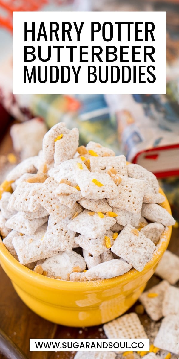 Harry Potter Butterbeer Muddy Buddies are made with rice Chex cereal, butterscotch, butter, toffee, and powdered sugar for a sweet and delicious snack! via @sugarandsoulco