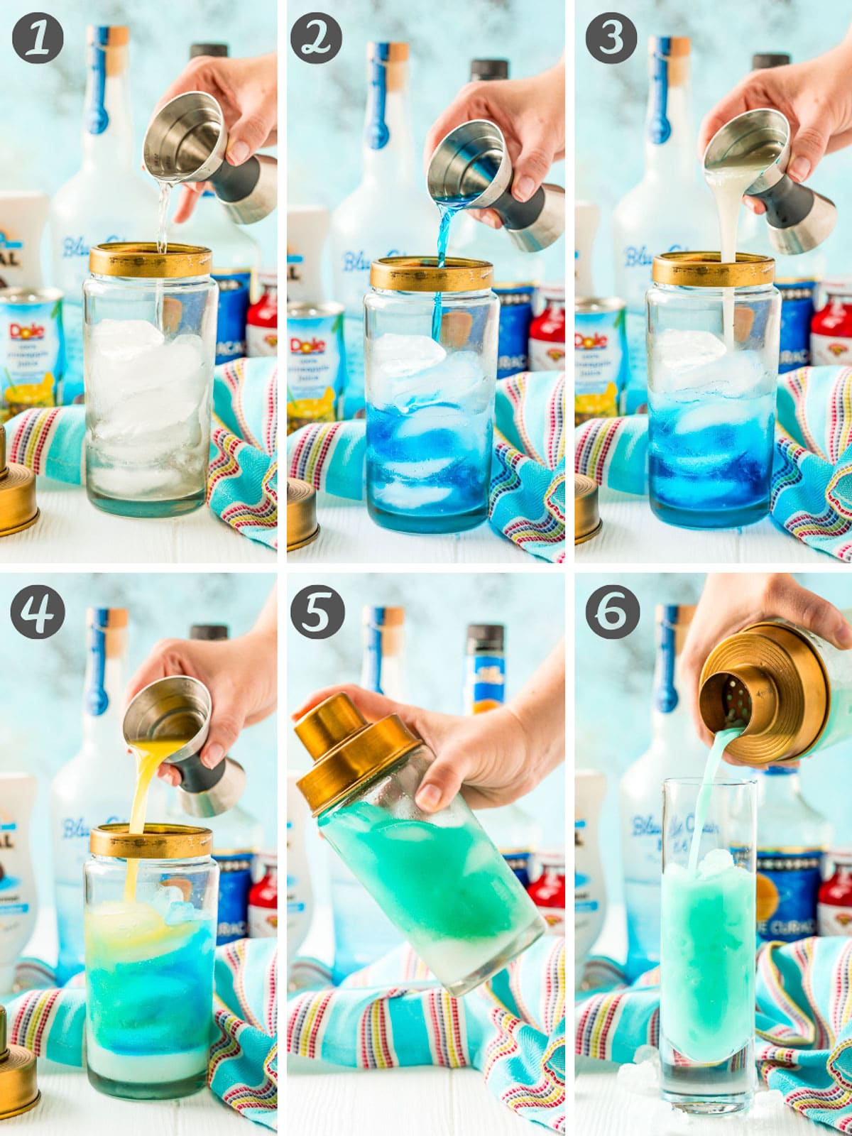 Step-by-step photo collage for how to make a blue cocktail