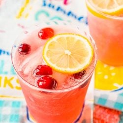Cranberry lemonade on paper napkin on a beach blanket
