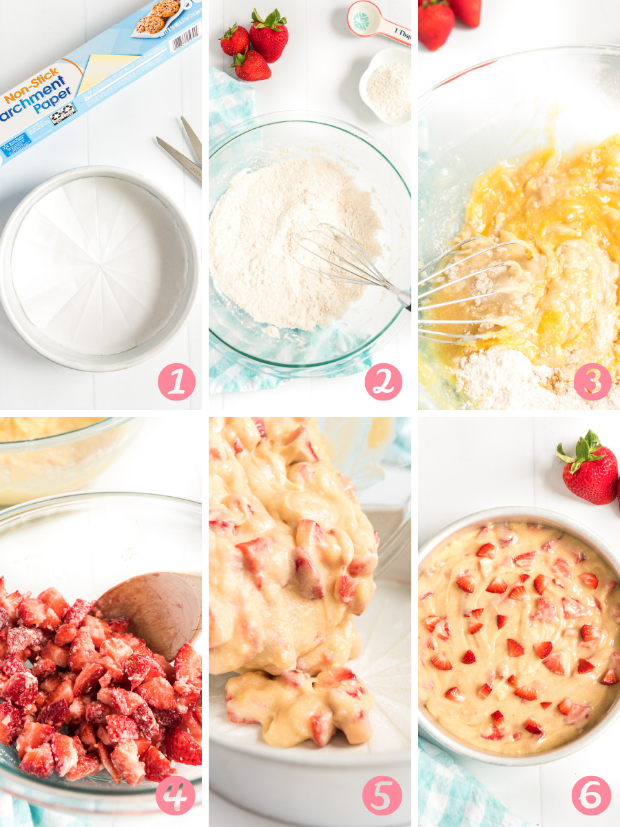 Collage of Step-by-step photos for making strawberry cake.