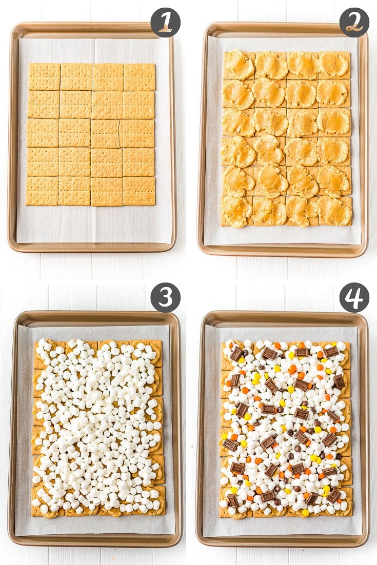 Step-by-step photo collage of how to make smores bars.