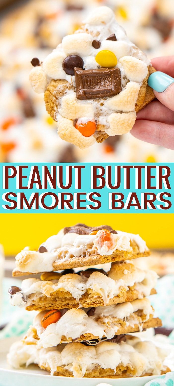 Peanut Butter S'mores Bars are an easy dessert recipe made with graham crackers, peanut butter cookies, marshmallows, chocolate, and candy! via @sugarandsoulco