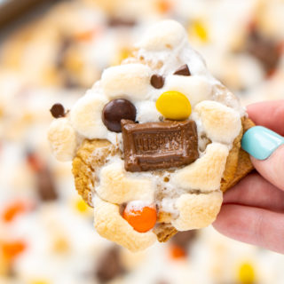 Close up photo of a woman's hand holding a peanut butter s'mores bar.