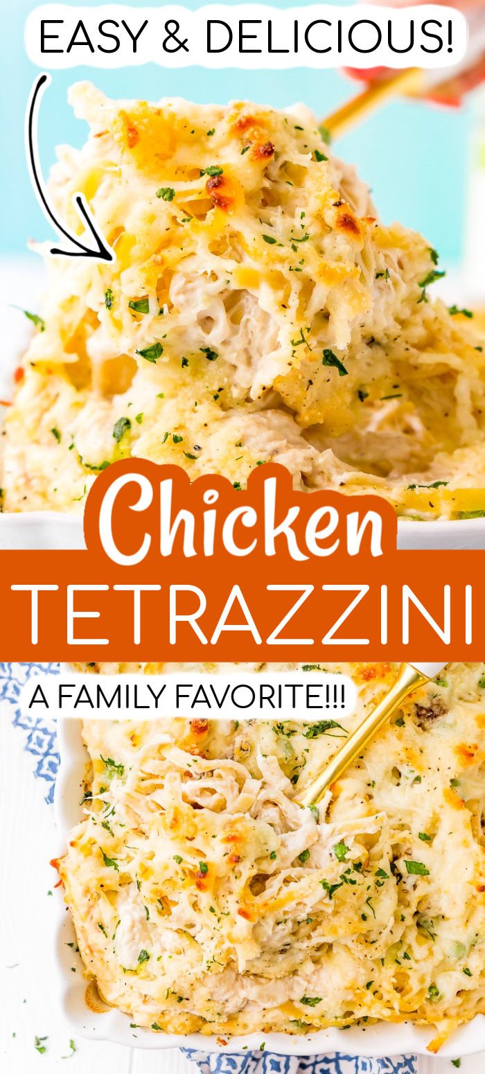 Chicken Tetrazzini recipe is an easy, cozy, and delicious casserole dish! Fettuccine, chicken, mushrooms, and peas are baked into a creamy cheese sauce with tons of flavor! It's an instant family favorite! via @sugarandsoulco
