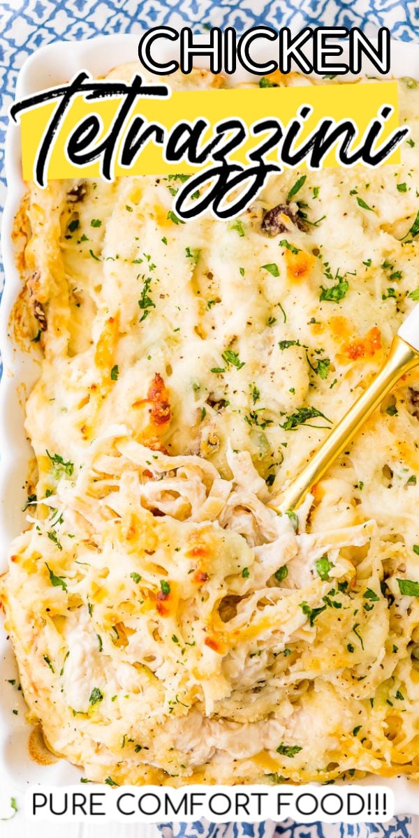 Chicken Tetrazzini recipe is an easy, cozy, and delicious casserole dish! Fettuccine, chicken, mushrooms, and peas are baked into a creamy cheese sauce with tons of flavor! It's an instant family favorite! via @sugarandsoulco