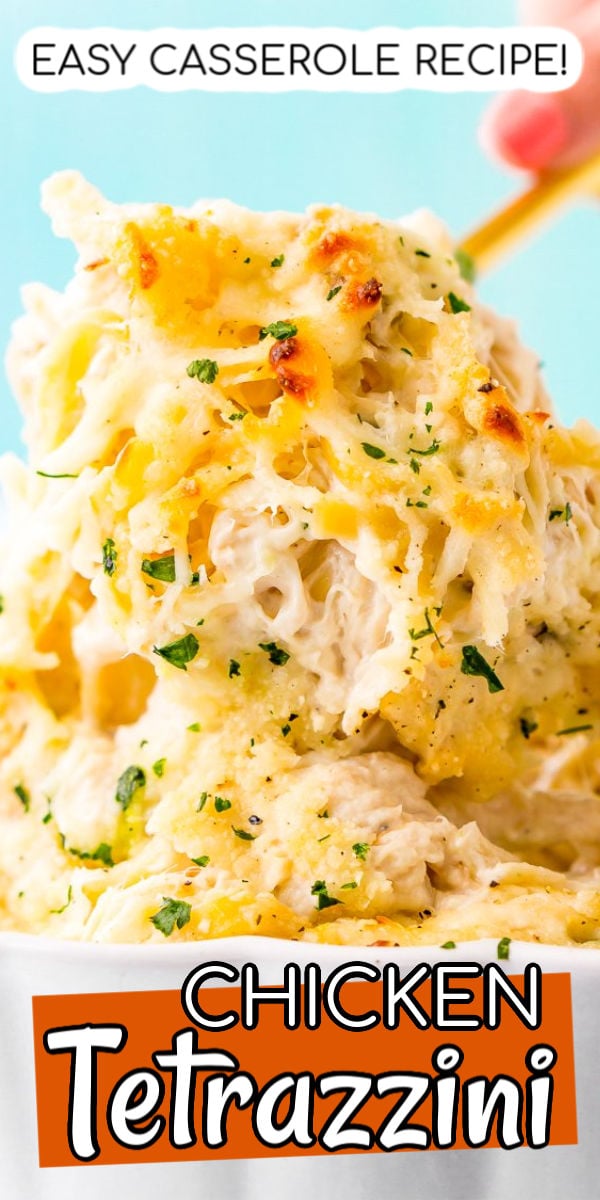 Chicken Tetrazzini recipe is an easy, cozy, and delicious casserole dish! Fettuccine, chicken, mushrooms, and peas are baked into a creamy cheese sauce with tons of flavor! It's an instant family favorite! via @sugarandsoulco