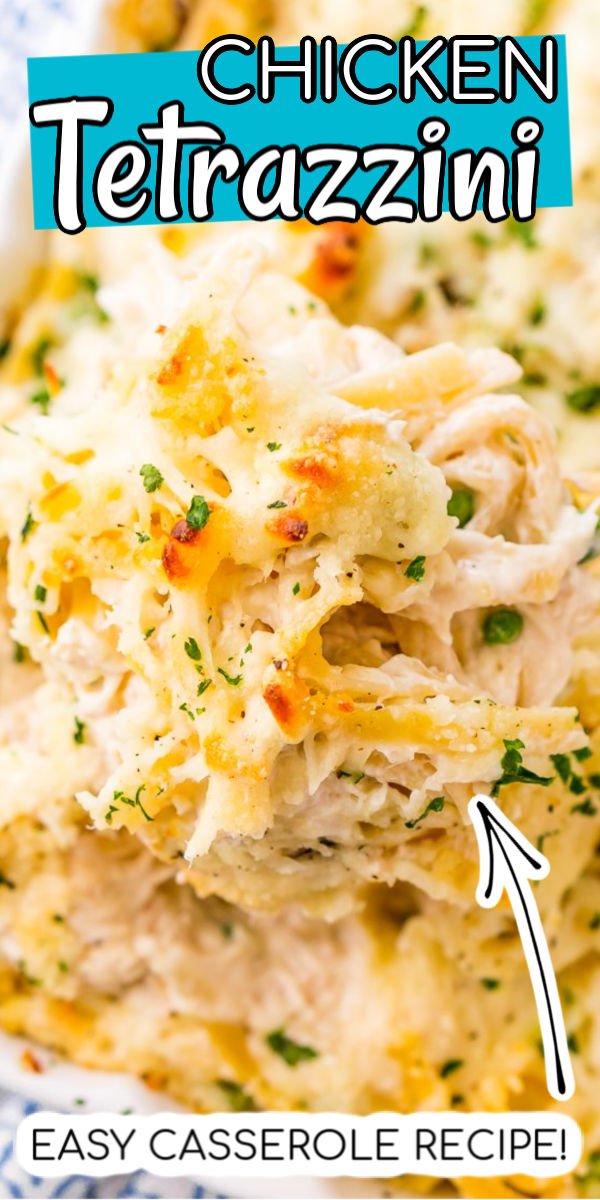 Chicken Tetrazzini recipe is an easy, cozy, and delicious casserole dish! Fettuccine, chicken, mushrooms, and peas are baked into a creamy cheese sauce with tons of flavor! It's an instant family favorite! via @sugarandsoulco