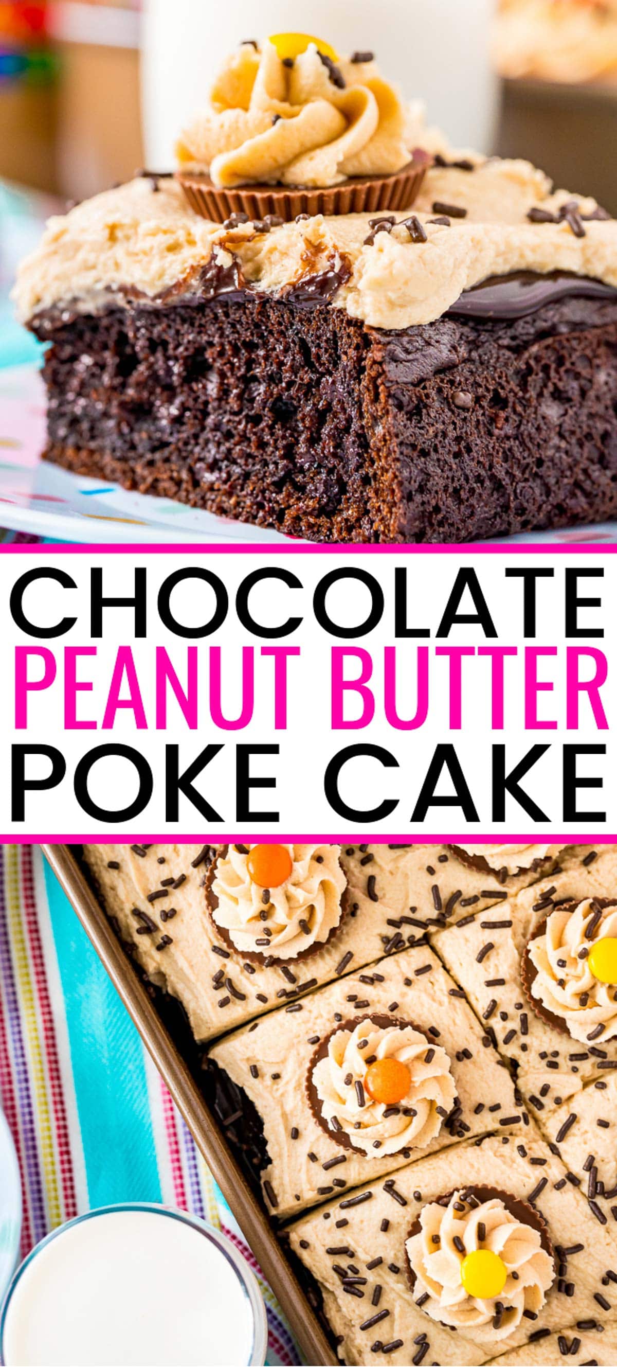 Chocolate Peanut Butter Poke Cake is an easy and decadent sheet cake recipe with rich chocolate and salty peanut butter flavor! via @sugarandsoulco