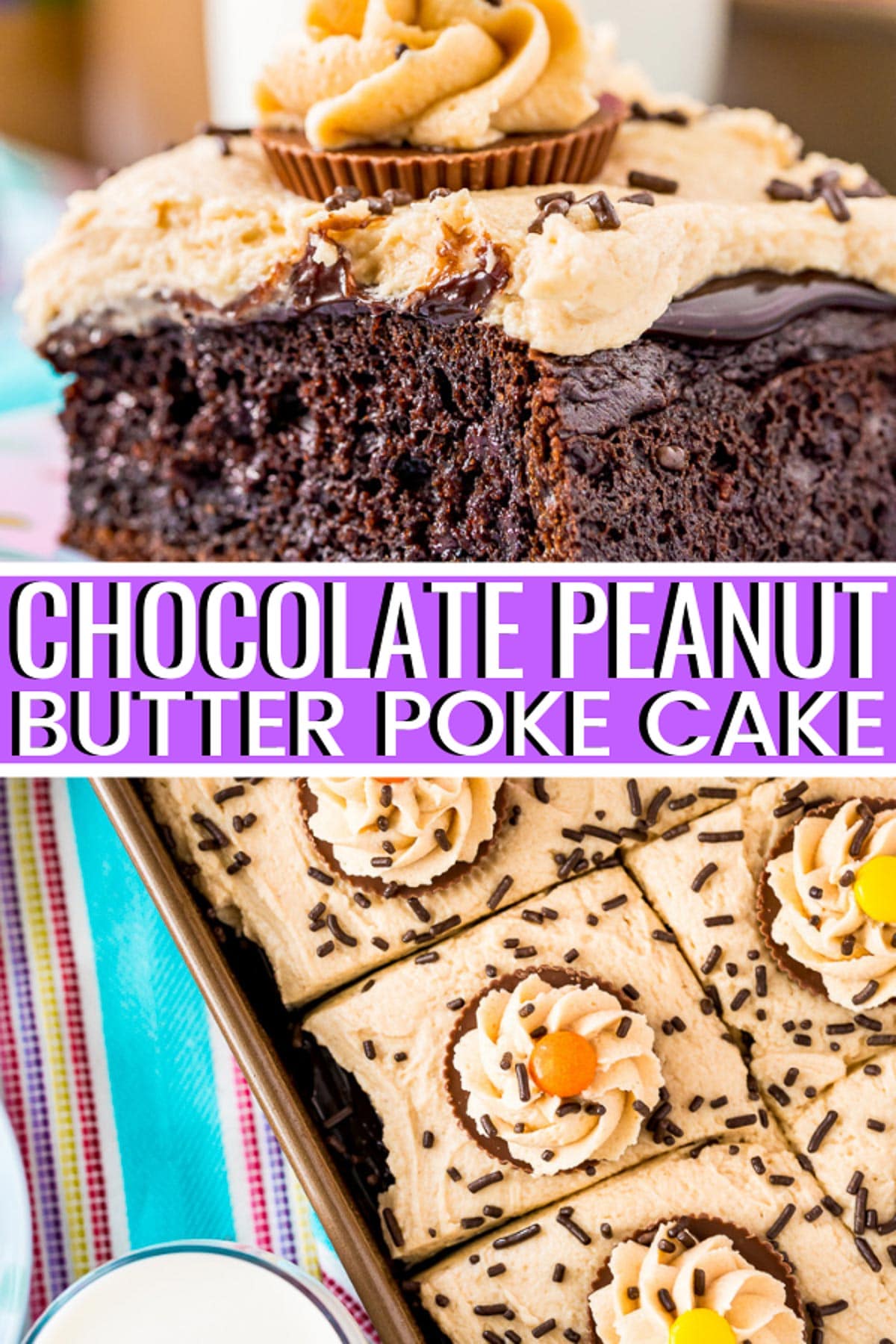 Chocolate Peanut Butter Poke Cake is an easy and decadent sheet cake recipe with rich chocolate and salty peanut butter flavor! via @sugarandsoulco