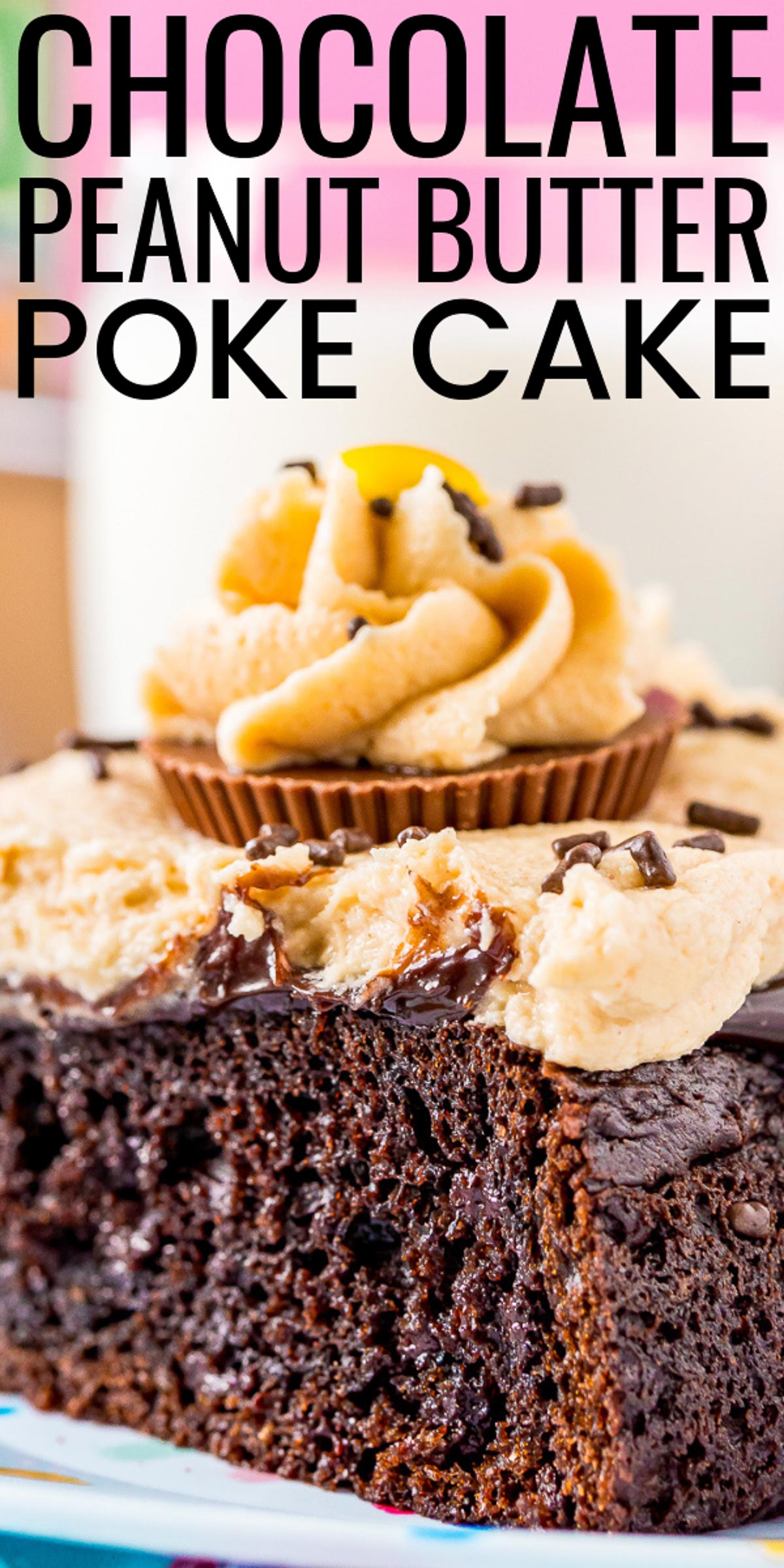 Chocolate Peanut Butter Poke Cake is an easy and decadent sheet cake recipe with rich chocolate and salty peanut butter flavor! via @sugarandsoulco