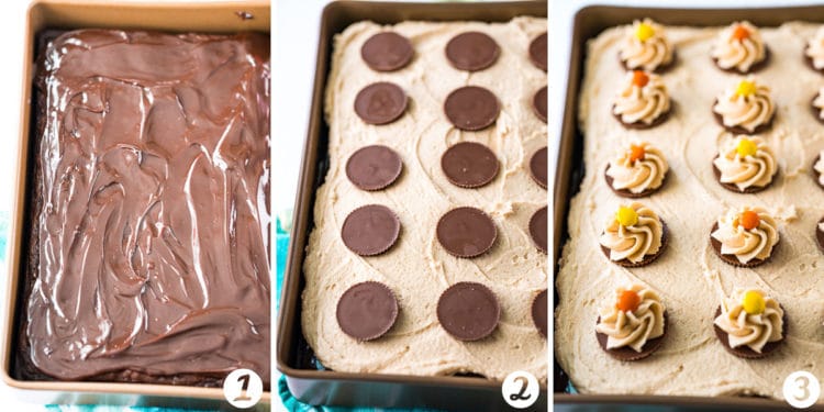Step-by-step-photo collage of a chocolate cake being frosted with peanut butter frosting.