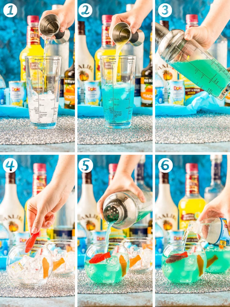 Step-by-step photo collage for how to make fish bowl drinks.