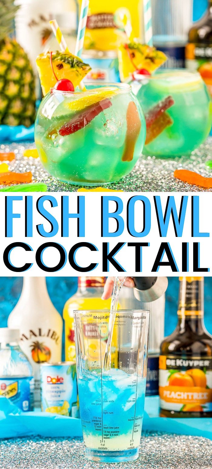 This Fish Bowl Drink is a fruity party cocktail that's served in a fishbowl and made with 4 different kinds of alcohol! via @sugarandsoulco