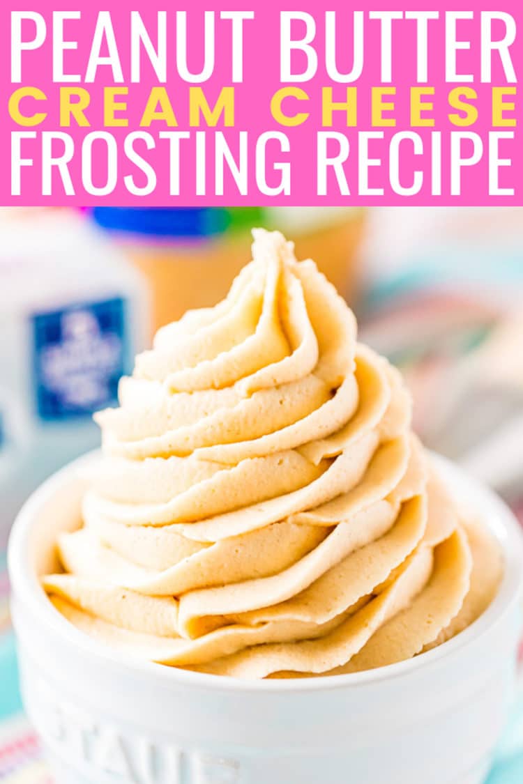 Peanut Butter Frosting in a dish with bold text above.