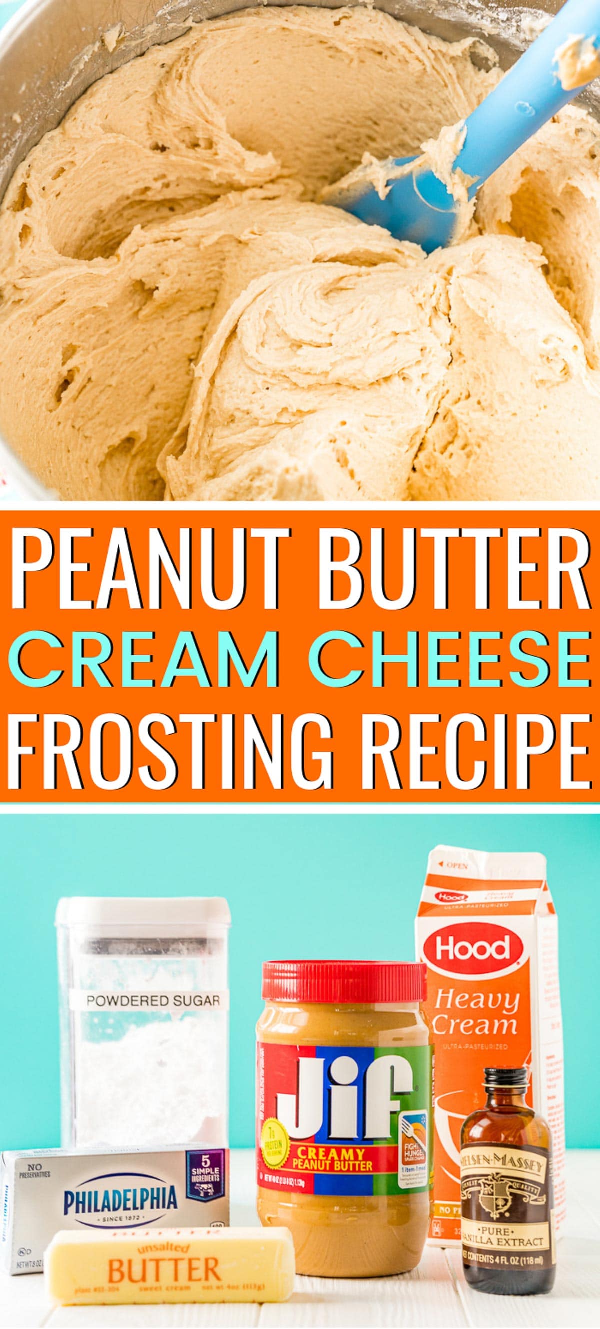 This Peanut Butter Cream Cheese Frosting is a tangy and sweet buttercream recipe made with peanut butter, butter, cream cheese, heavy cream, powdered sugar, and vanilla that takes just 5 minutes to make! via @sugarandsoulco