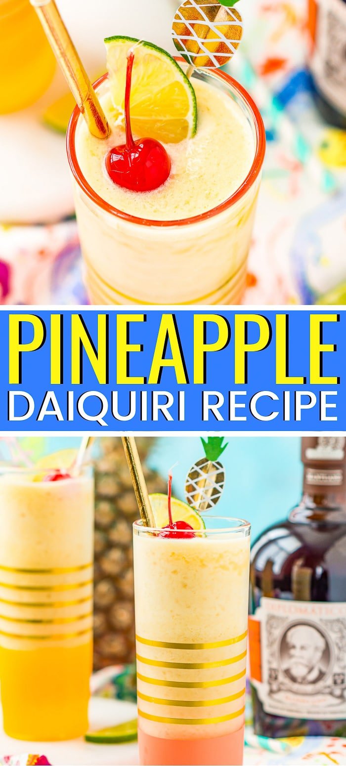 This Pineapple Daiquiri is a delicious and easy frozen cocktail recipe made in a blender with pineapple, lime, simple syrup, and golden rum! via @sugarandsoulco