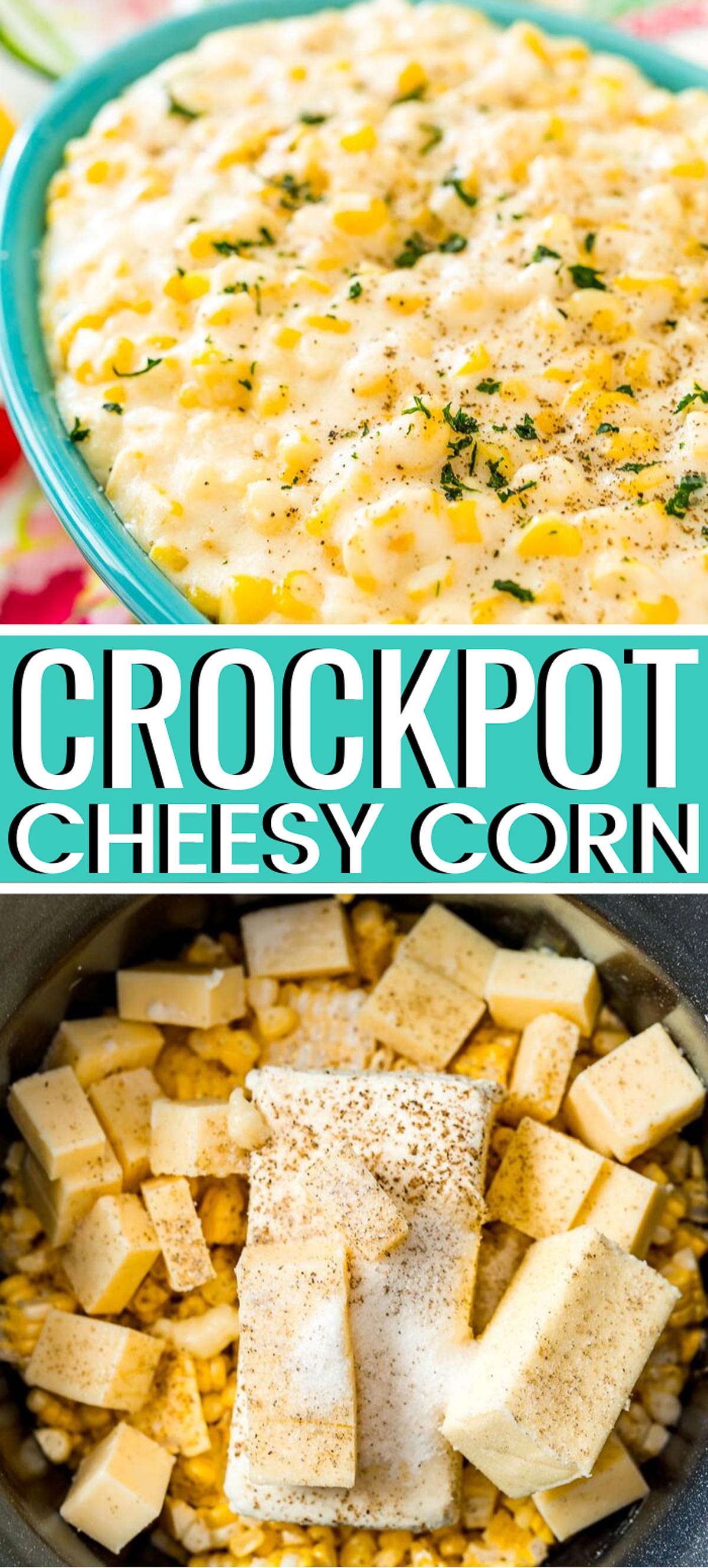 Cheesy Corn is a delicious side dish made in the crockpot with corn, cheddar cheese, butter, cream cheese, heavy cream, and seasonings. via @sugarandsoulco