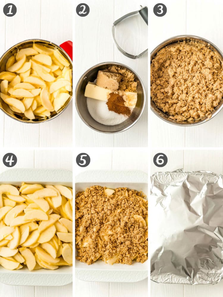 Step-by-step photo collage showing how to make apple brown betty dessert recipe.