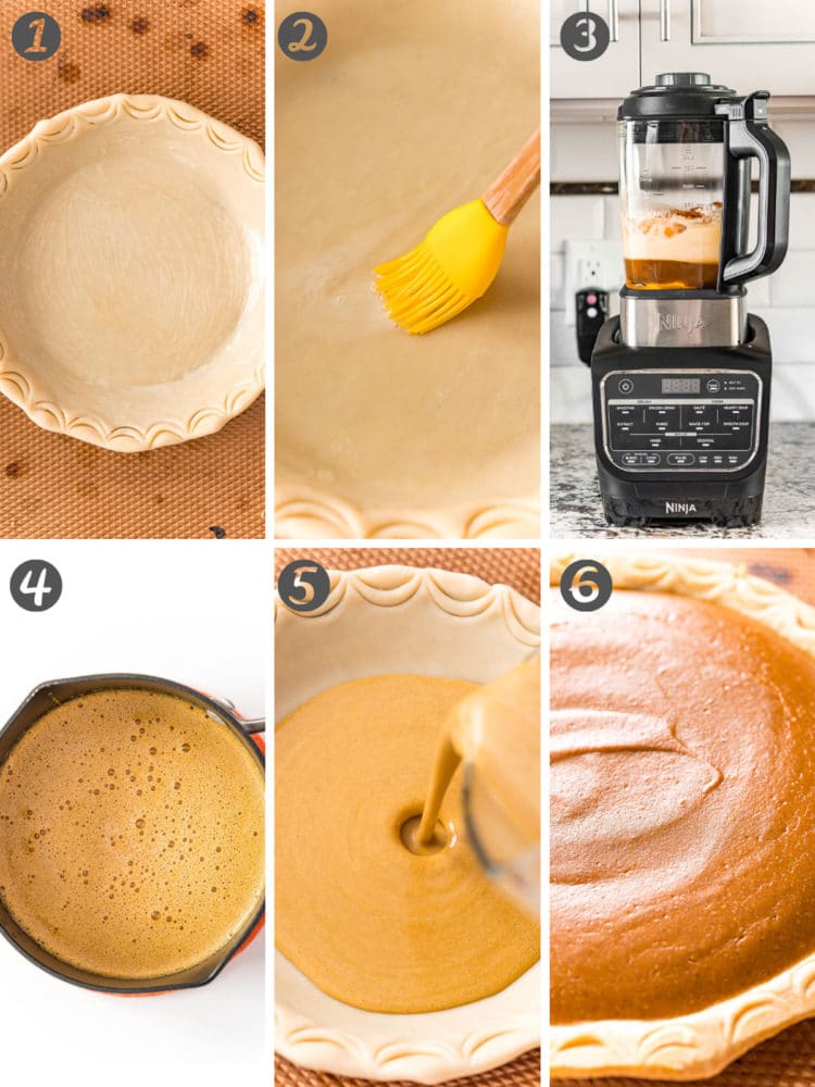 Step by step photo collage showing how to make pumpkin pie.